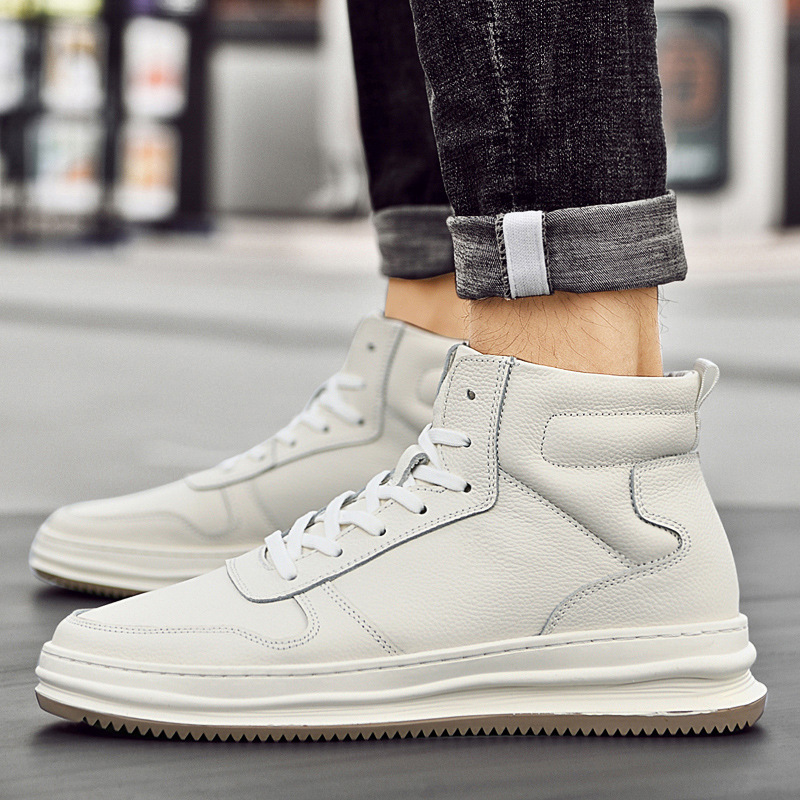 Men's High-Top Soft-Soled Fleece-Lined Warm White Leather Casual Sneakers